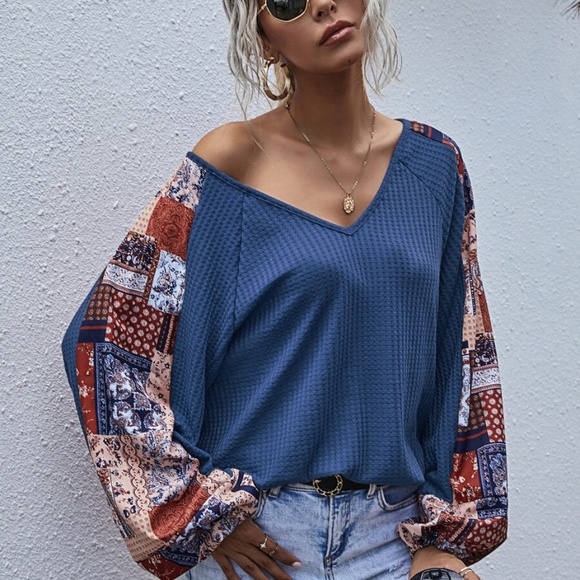 brown  v neck wide sleep waffle long sleeve top - Picture 10 of 16